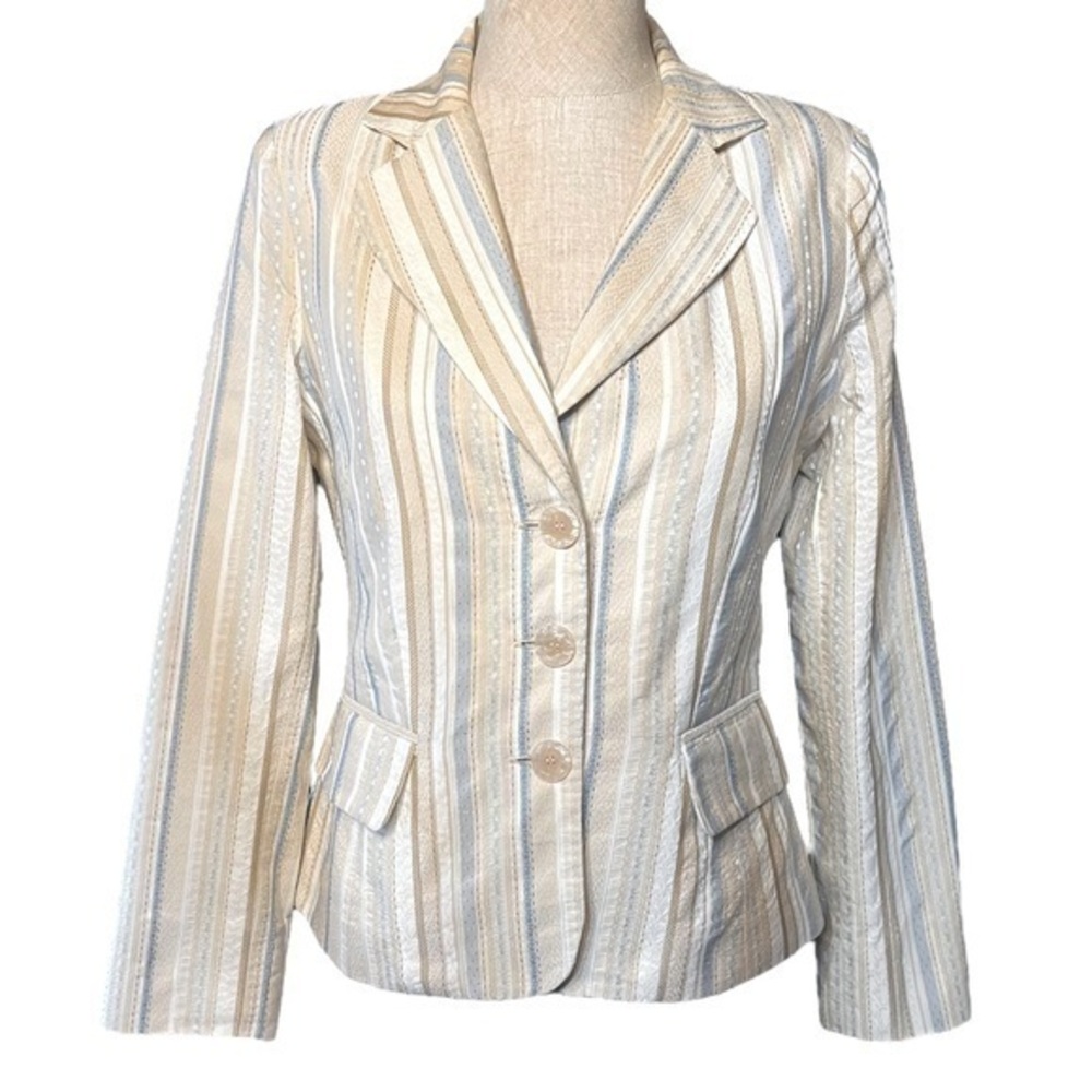 BARBARA KATZ ✘ Vintage Blue Striped Boca Raton Vintage Cropped Pin Button Blazer